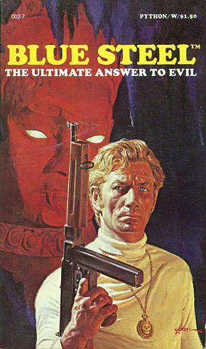 Legend in Blue SteelPython Publishing GroupJanuary 1979By George GrossThis is actually the first printing for a never-published 119th Spider novel, Slaughter Incorporated, but with the names changed for legal reasons. The cover seems to be left over from Freeway Press' 1974 Operator 5 series. AGAIN with the white turtleneck??